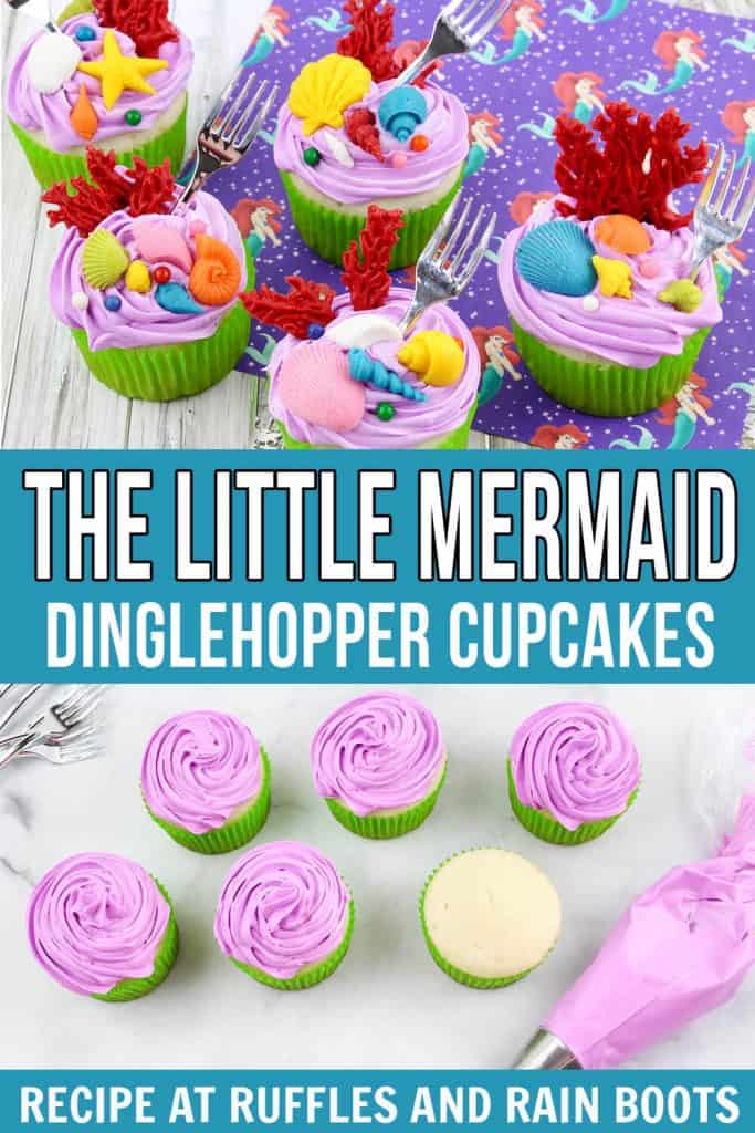 pin image collage of the finished dinglehopper cupcakes and the vanilla cupcakes getting purple frosting added to them with text that says the little mermaid dinglehopper cupcakes.