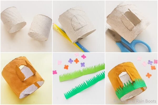 photo collage of how to make a gnome house from a cardboard tube