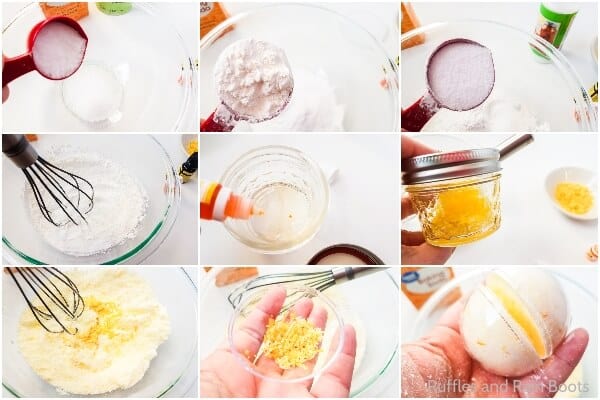 photo collage of how to make fresh lemon bath bombs