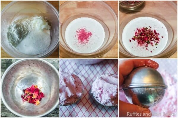 photo collage tutorial of how to make rose bath bombs