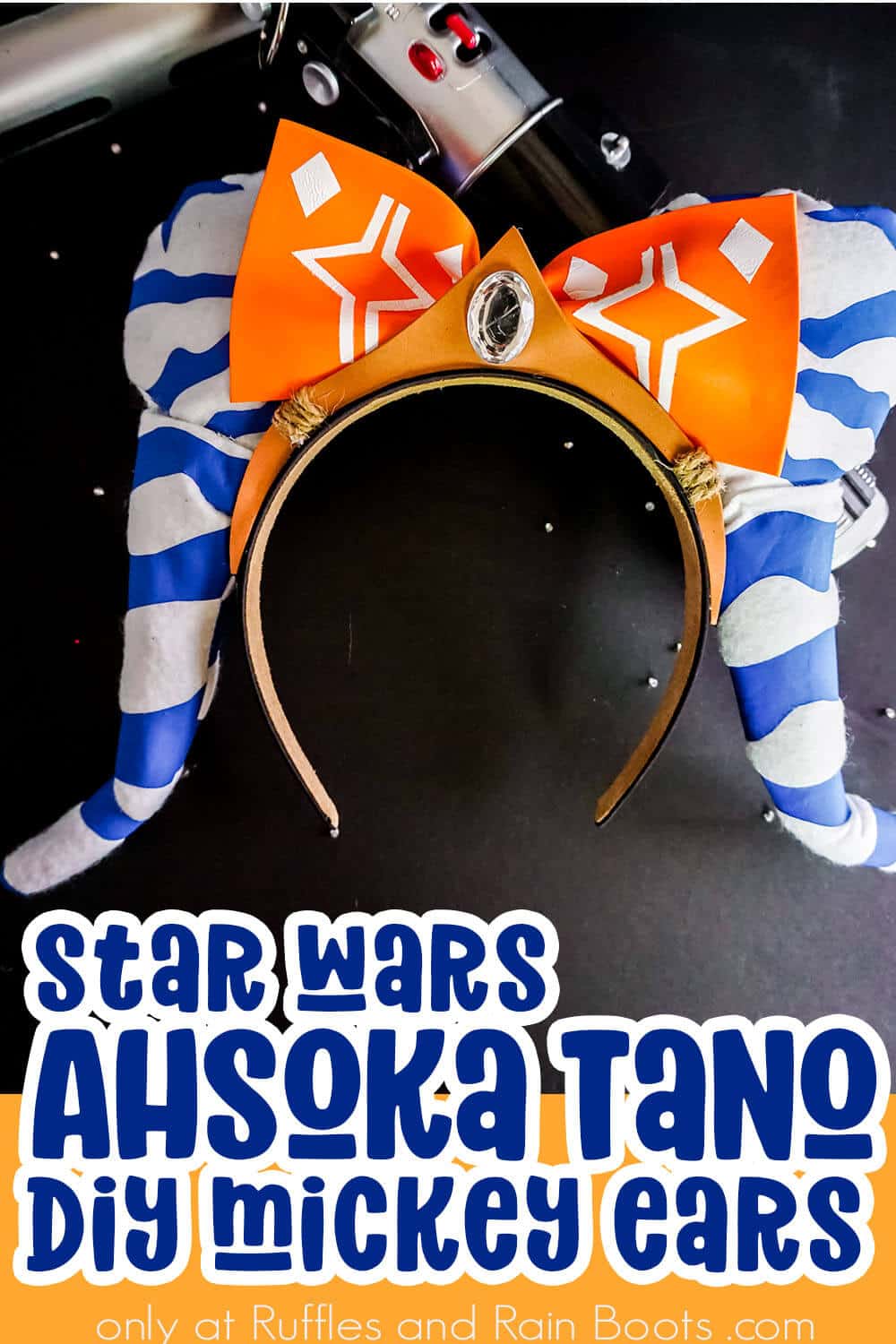 closeup of diy mickey ears for star wars galaxys edge with text which reads star wars ahsoka tano diy mickey ears