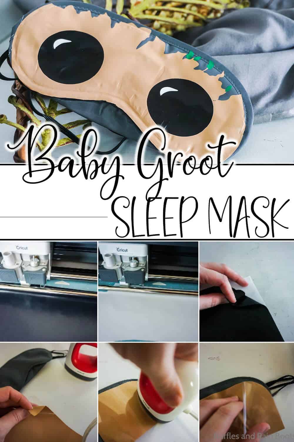 easy diy disney fish extender gift idea with text which reads baby groot sleep mask