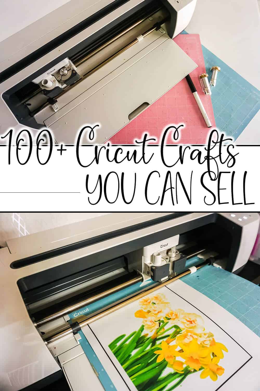 photo collage of cricut cutting craft items to sell on etsy with text which reads 100+ cricut crafts you can sell