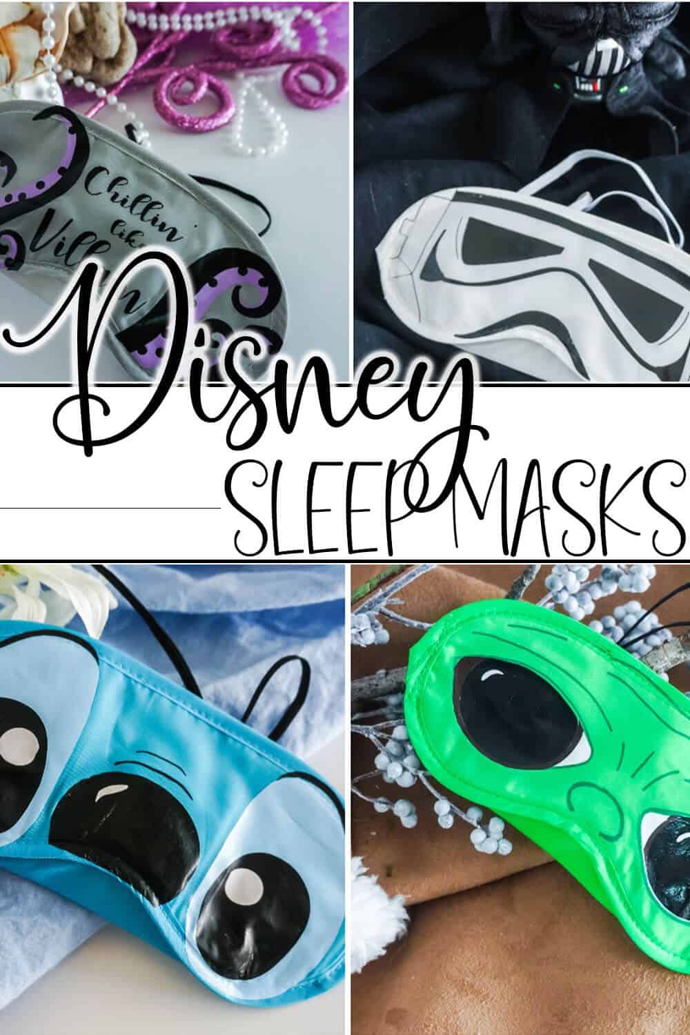 photo collage of easy disney character eye masks for a disney cruise with text which reads Disney sleep masks