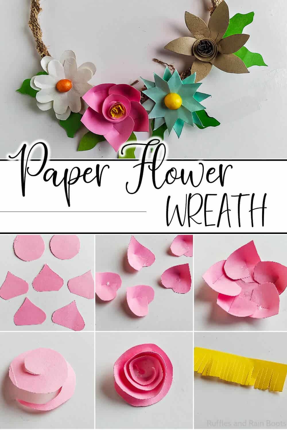 photo collage of easy wreath for spring with text which reads paper flower wreath