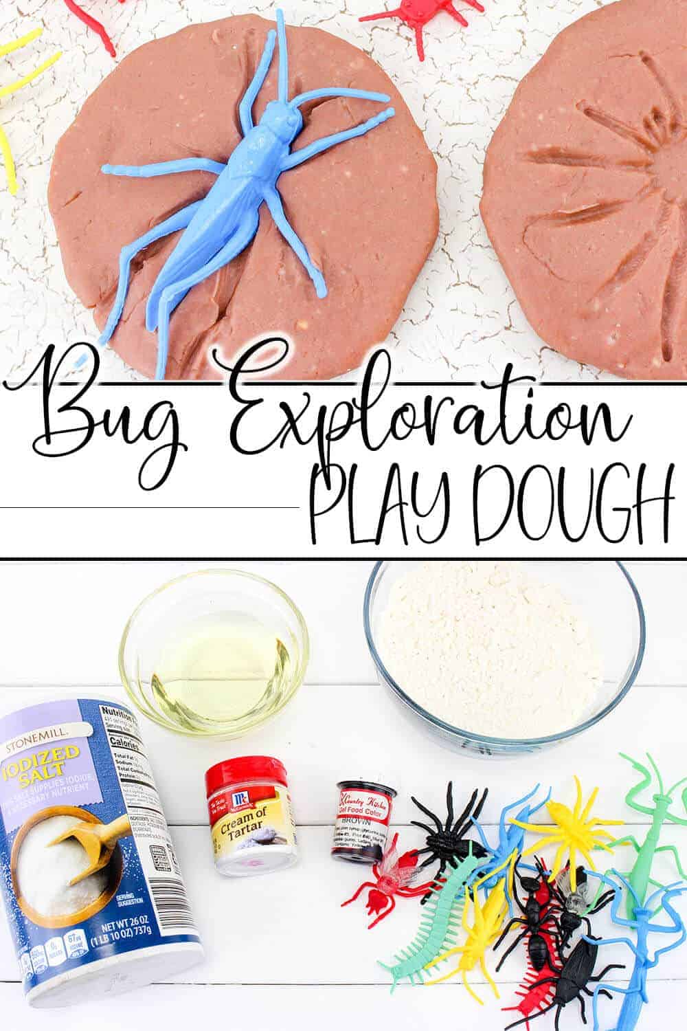 photo collage of easy homemade play dough with bugs with text which reads bug exploration play dough