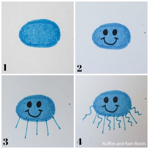 photo collage tutorial of how to teach children to draw a jellyfish with a thumbprint