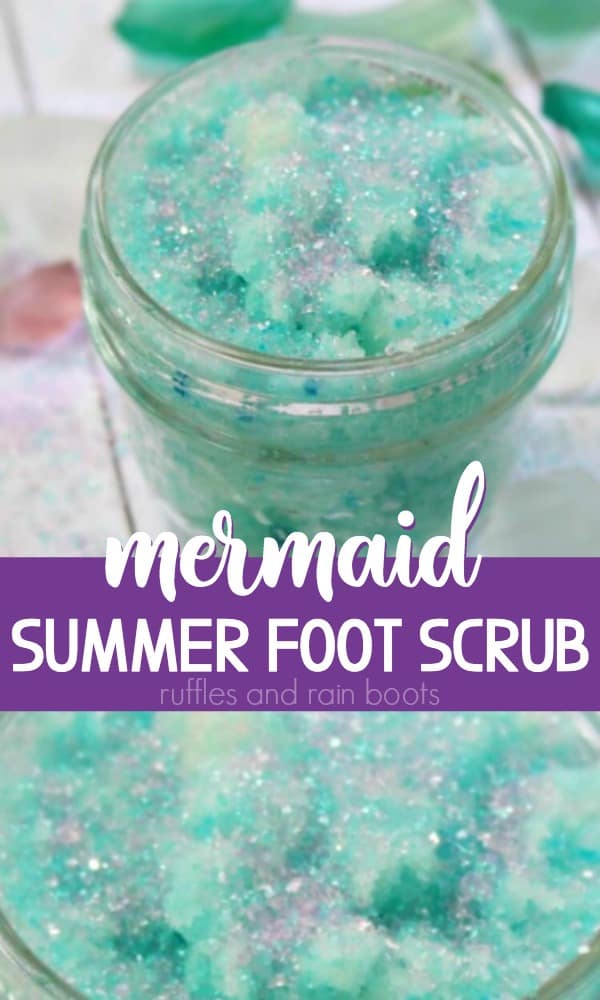 collage of mermaid foot scrub in teals purples and light blues with text which reads mermaid body scrub