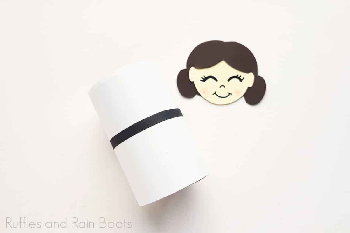 Process Image of Princess Leia Paper Doll's completed head as well as body on a white background.