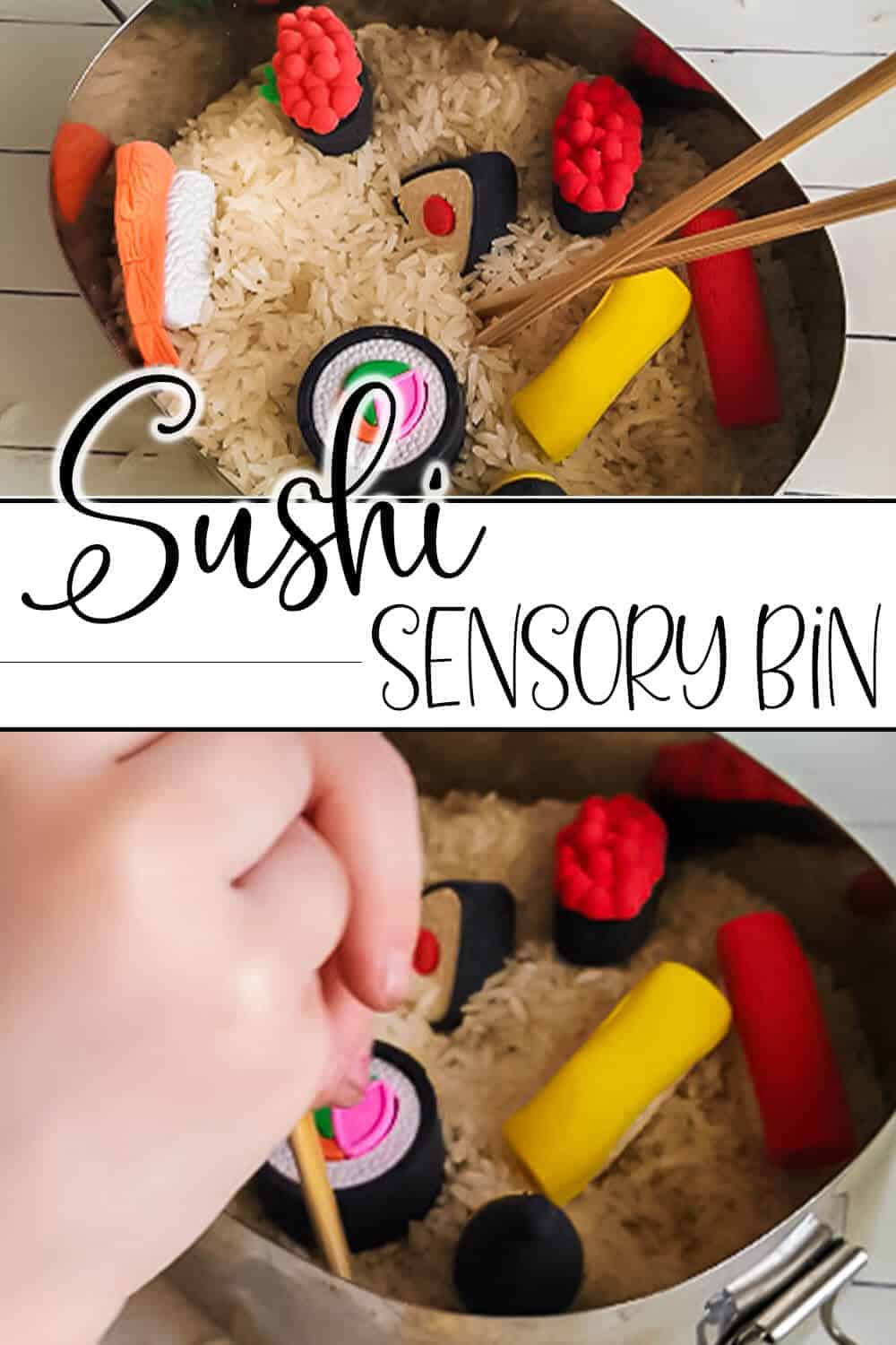 photo collage of fine motor skills play invitation with chopsticks with text which reads sushi sensory bin