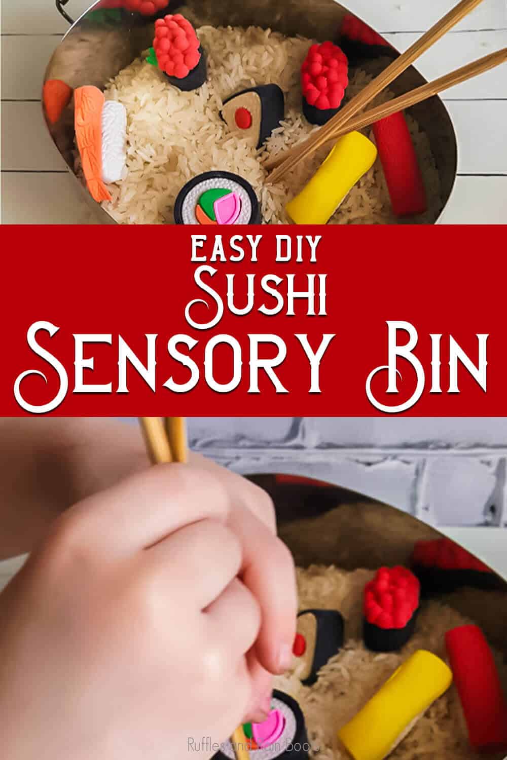 photo collage of easy kids activity with sushi toys with text which reads easy DIY sushi sensory bin