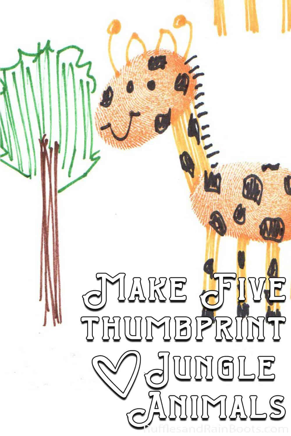 thumbprint giraffe drawn by a kid with text which reads make five thumbprint jungle animals