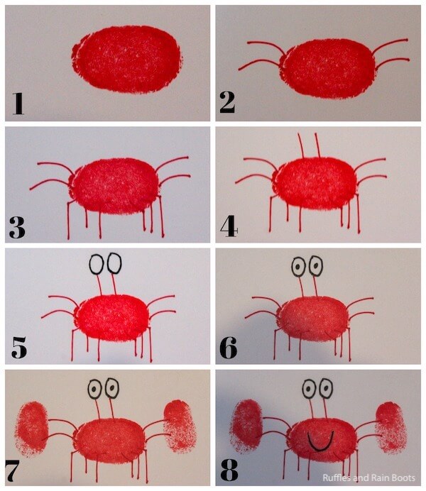 photo collage tutorial of how to teach a child to draw a crab with a thumbprint base