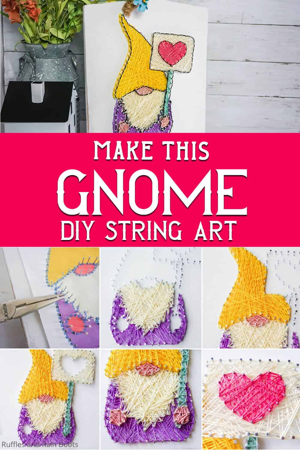 photo collage of easy farmhouse gnome string art with text which reads make this gnome diy string art