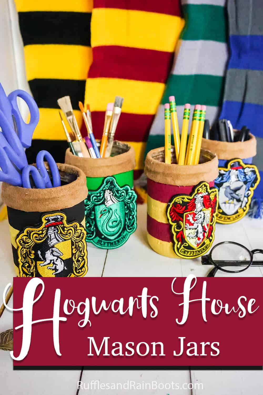 easy diy harry potter themed mason jar craft idea with text which reads hogwarts house mason jars