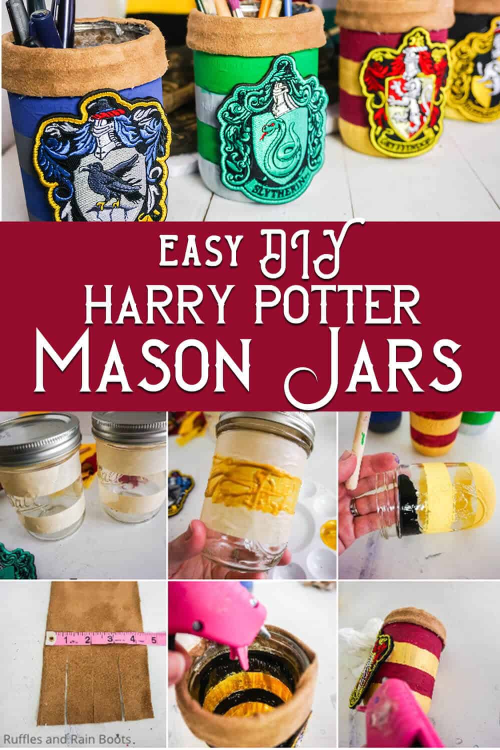 photo collage of easy hogwarts house colors jars with text which reads easy diy harry potter mason jars