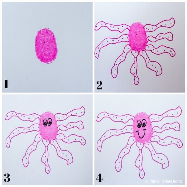 photo collage tutorial of how to teach children to draw an octopus with a thumbprint