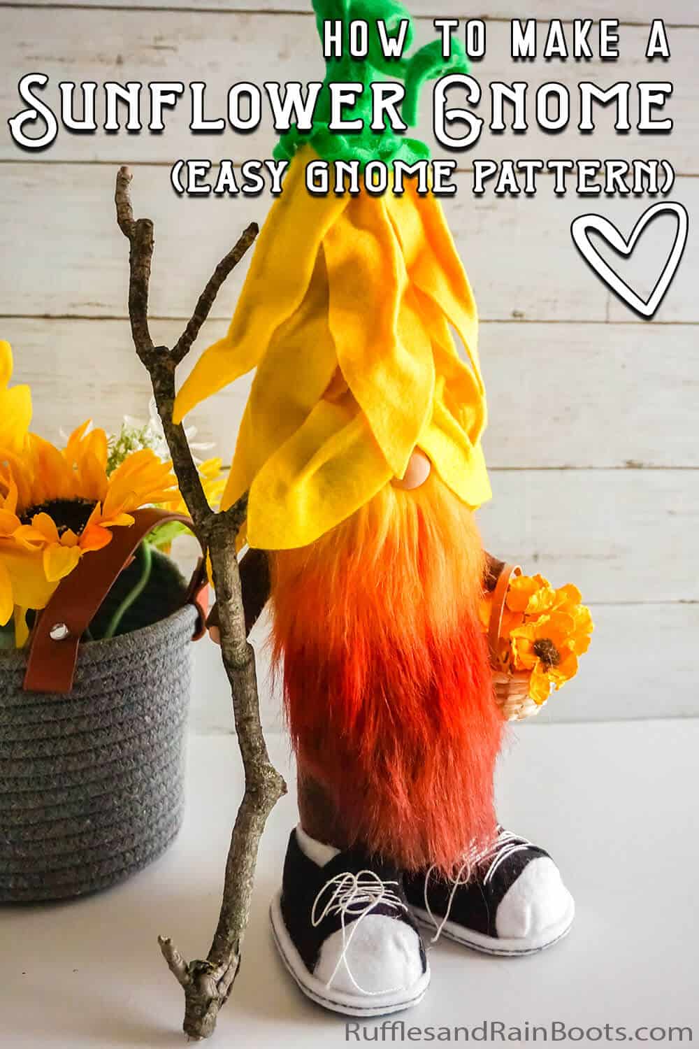 easy pattern for a gnome with a flower hat with text which reads how to make a sunflower gnome (easy gnome pattern)