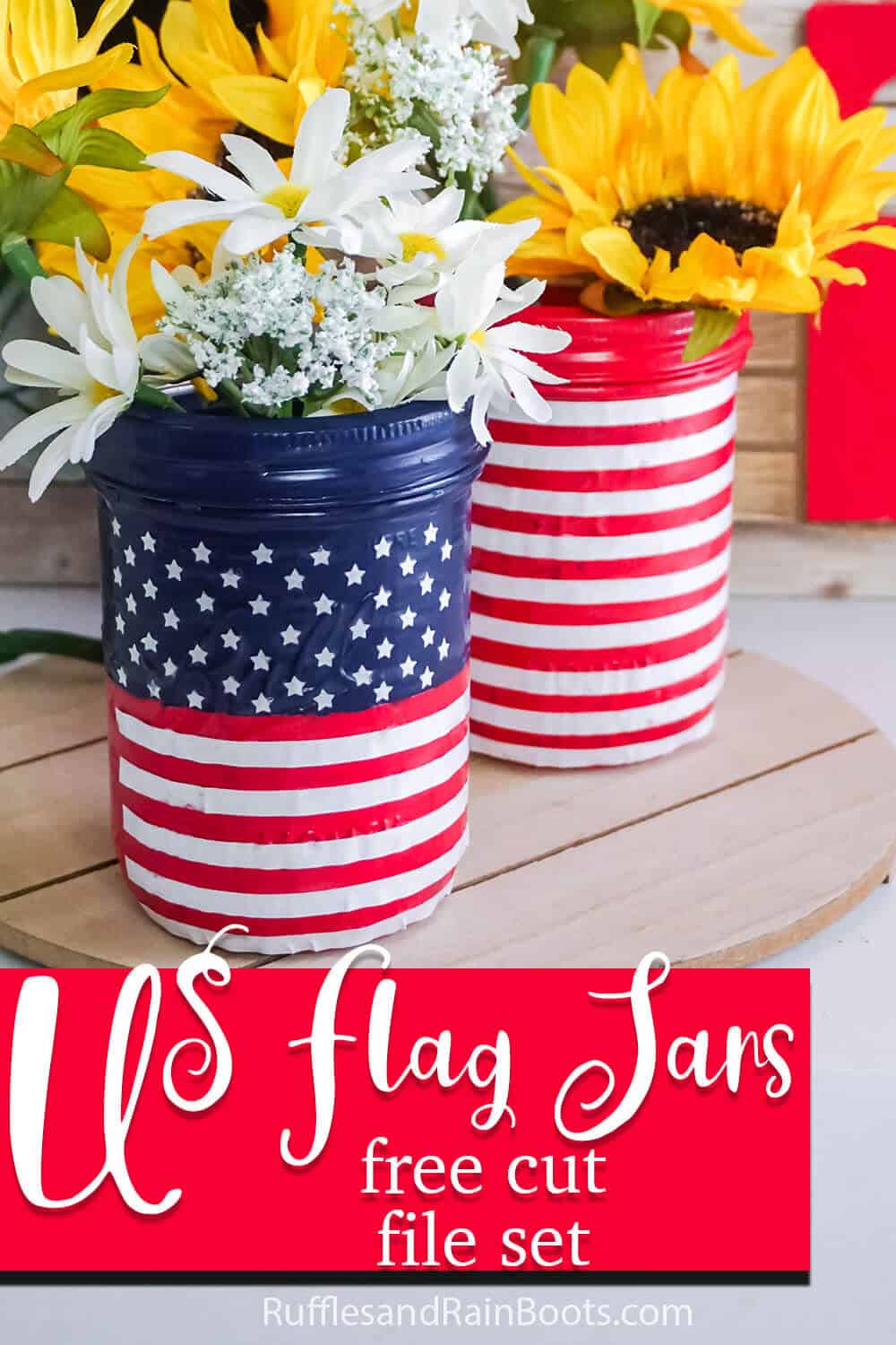 farmhouse decor mason jars painted as a us flag with text which reads use flag jars free cut file set