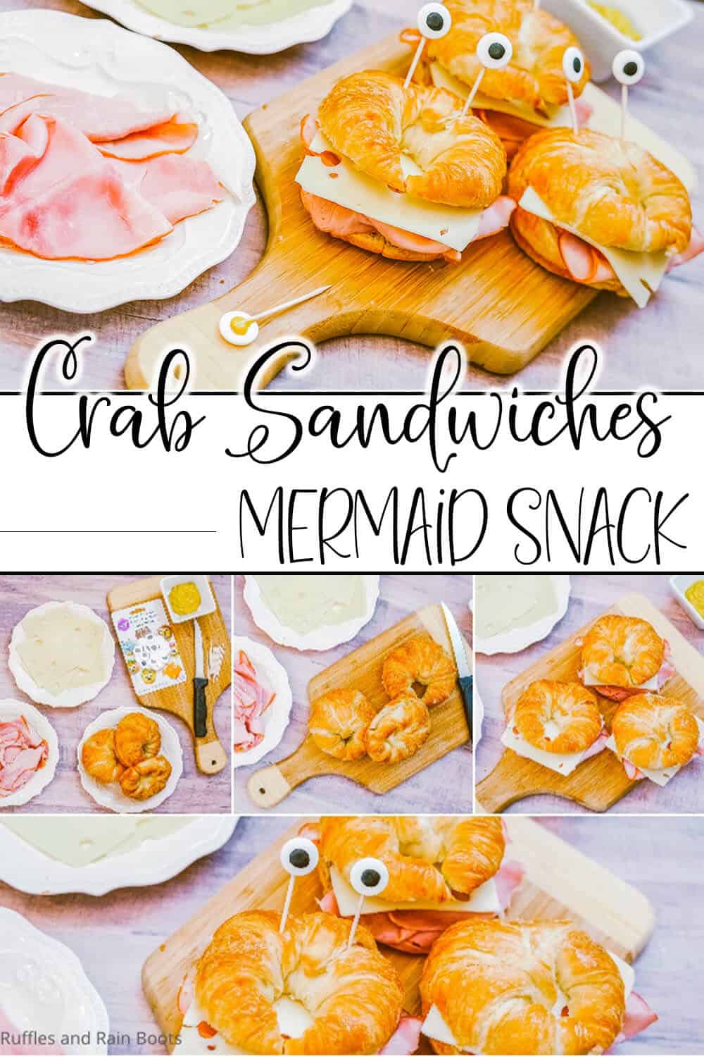 photo collage of easy mermaid party food kids can make with text which reads crab sandwiches mermaid snack