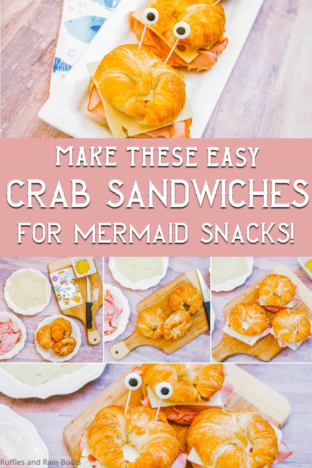 photo collage of mermaid food sandwich recipe with text which reads make these easy crab sandwiches for mermaid snacks