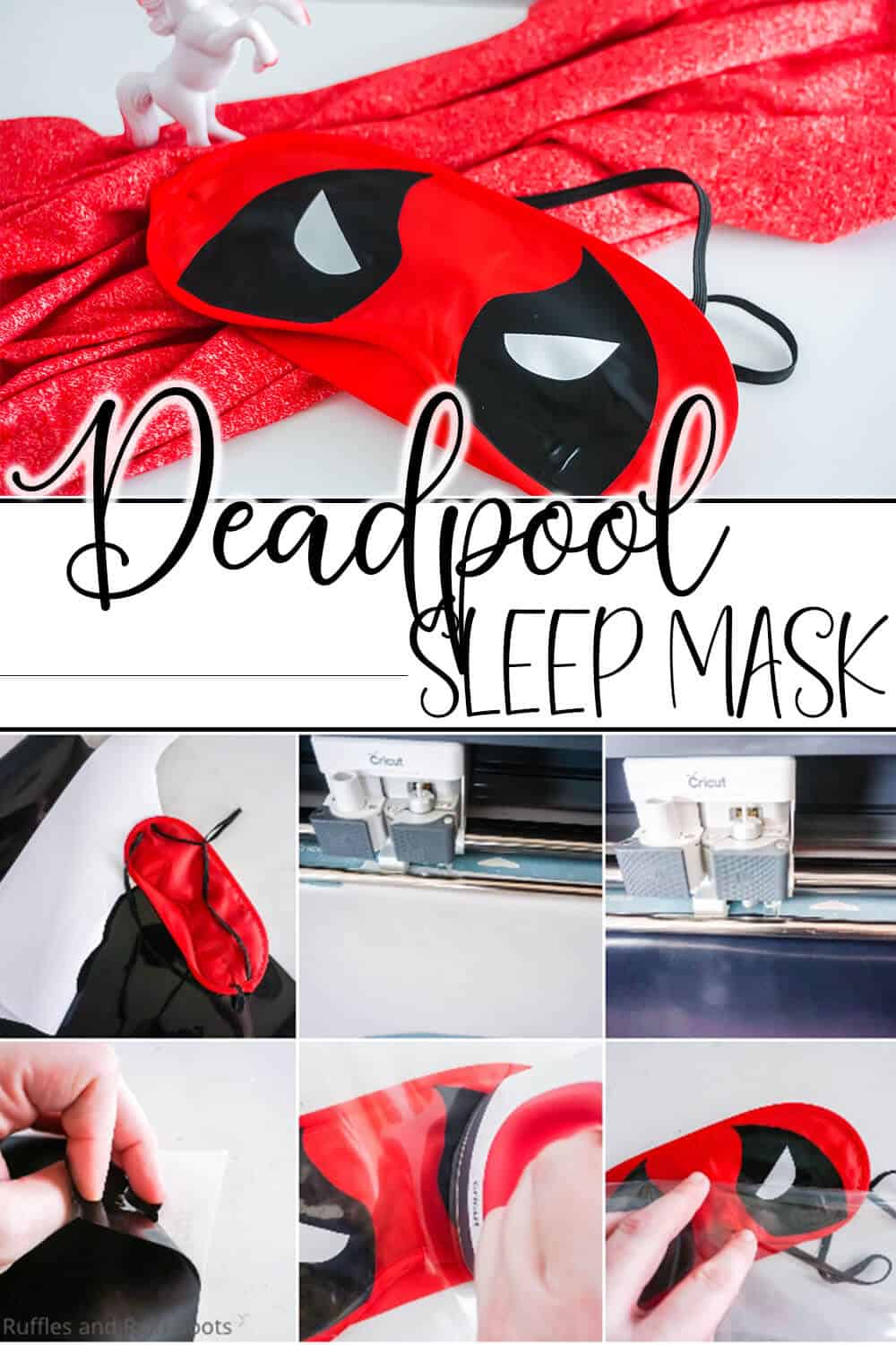 photo collage of a DIY sleep mask with deadpool with text which reads deadpool sleep mask