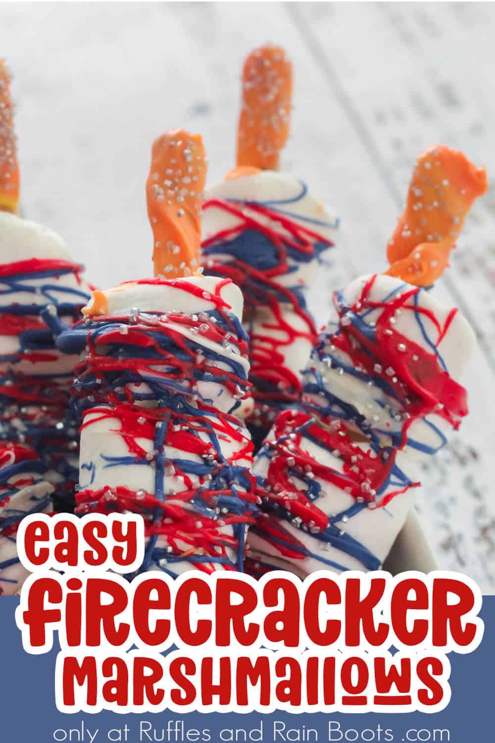 closeup of kid-made july 4th treat with text which reads easy firecracker marshmallows