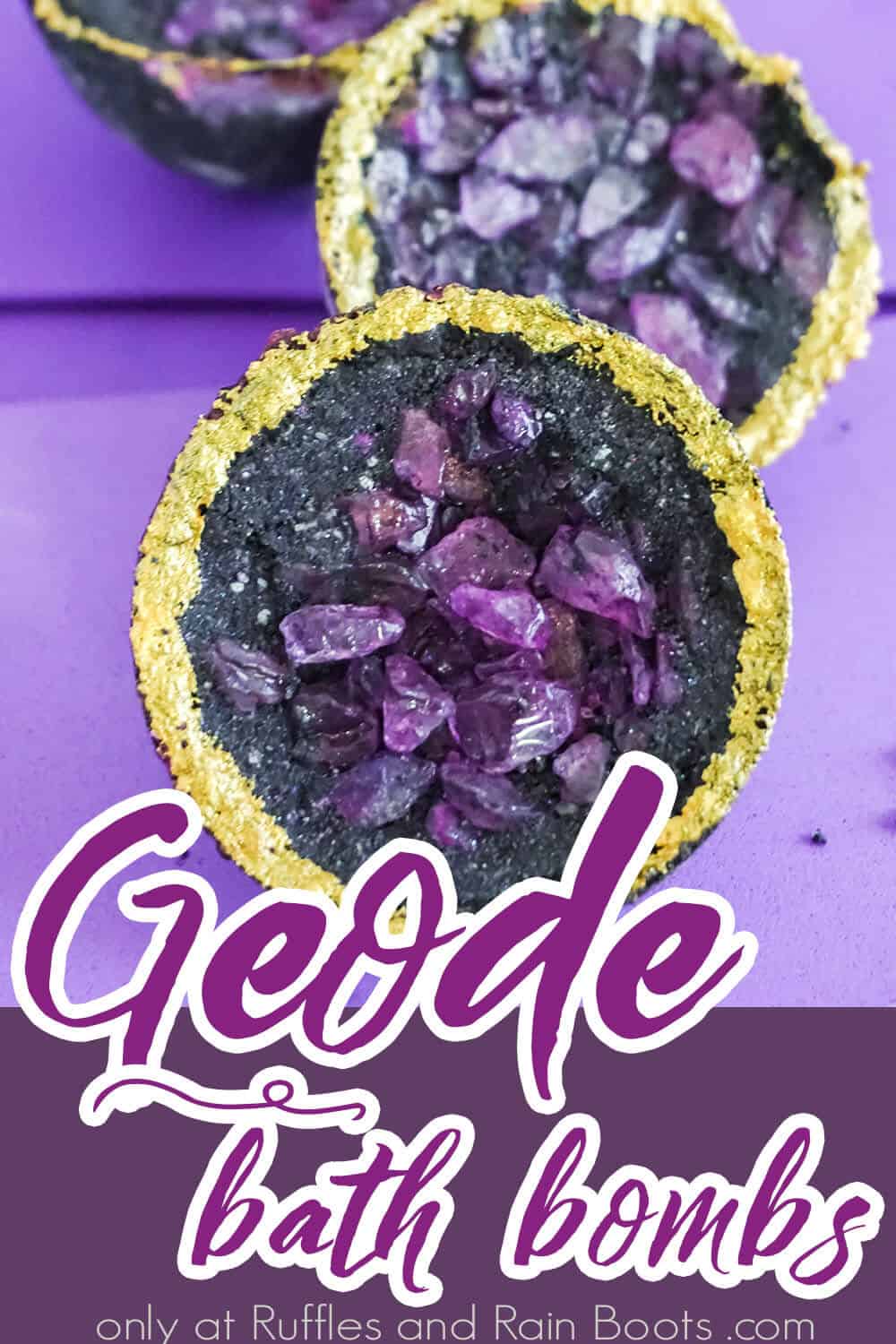 closeup of crystal bath bomb recipe with text which reads geode bath bombs