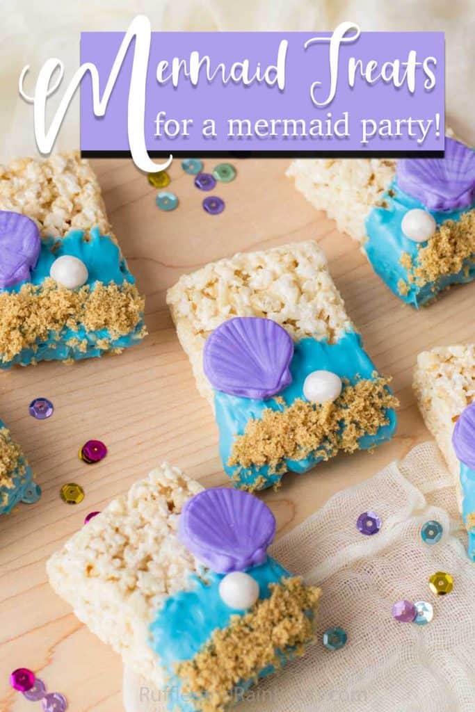 mermaid party rice krispies treats with text which reads mermaid treats for a mermaid party!