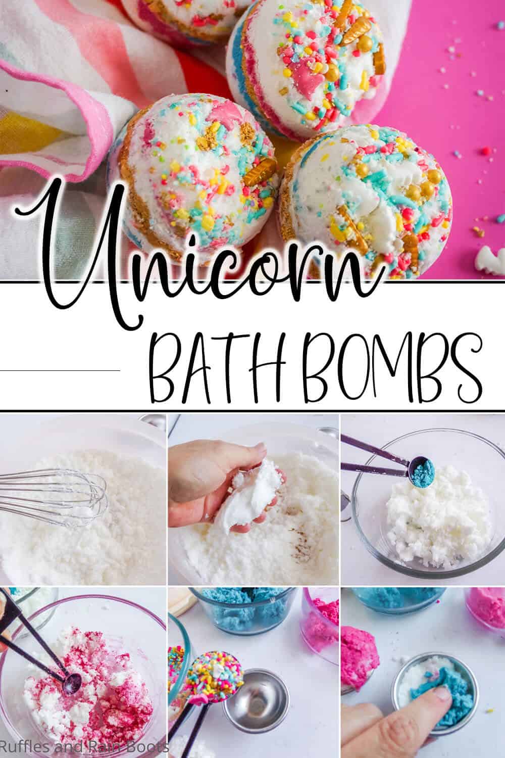 photo collage of easy diy lush bath bombs with text which reads unicorn bath bombs