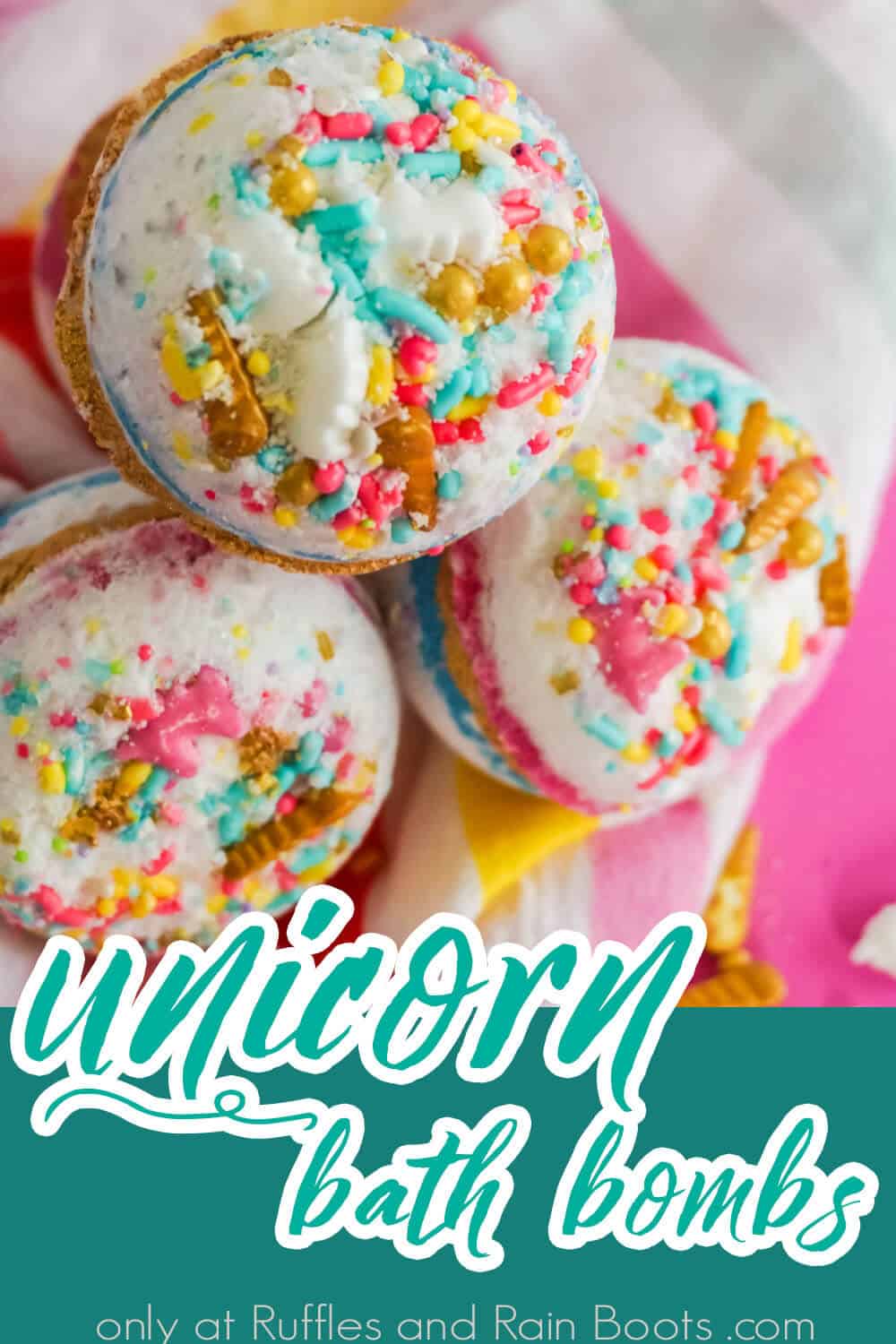 closeup of easy diy bath bombs with sprinkles with text which reads unicorn bath bombs