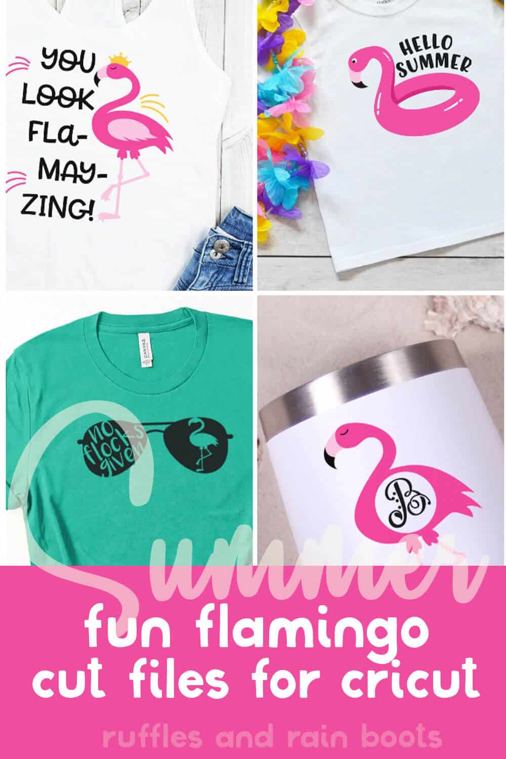 photo collage of fun flamingo clip art files with text which reads summer fun flamingo cut files for cricut