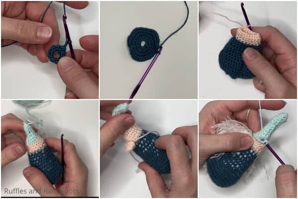 photo collage tutorial of how to make a crochet gnome