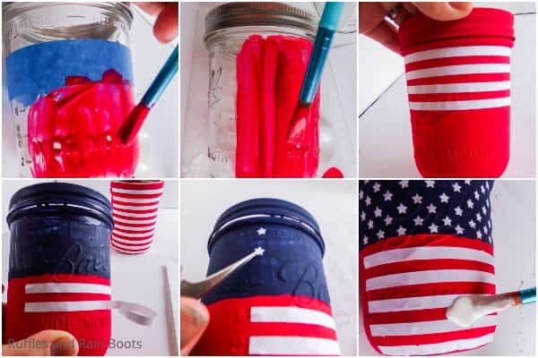 photo collage tutorial of how to make american flag mason jars with cricut