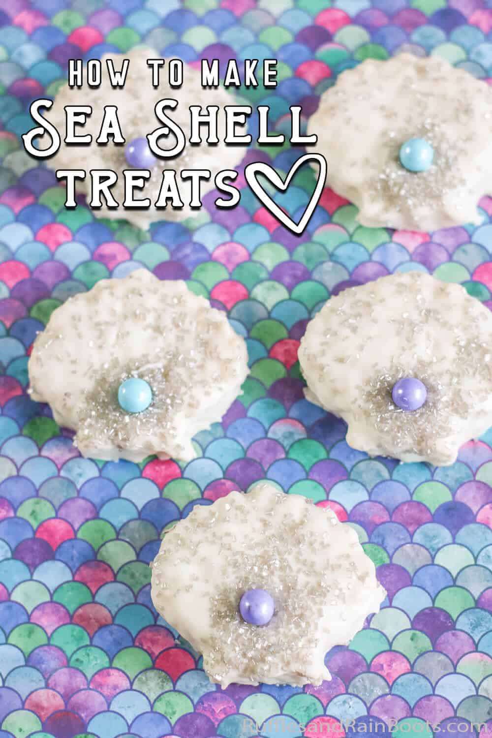 overhead view of easy kid-made rice krispies treats sea shells for a mermaid party
