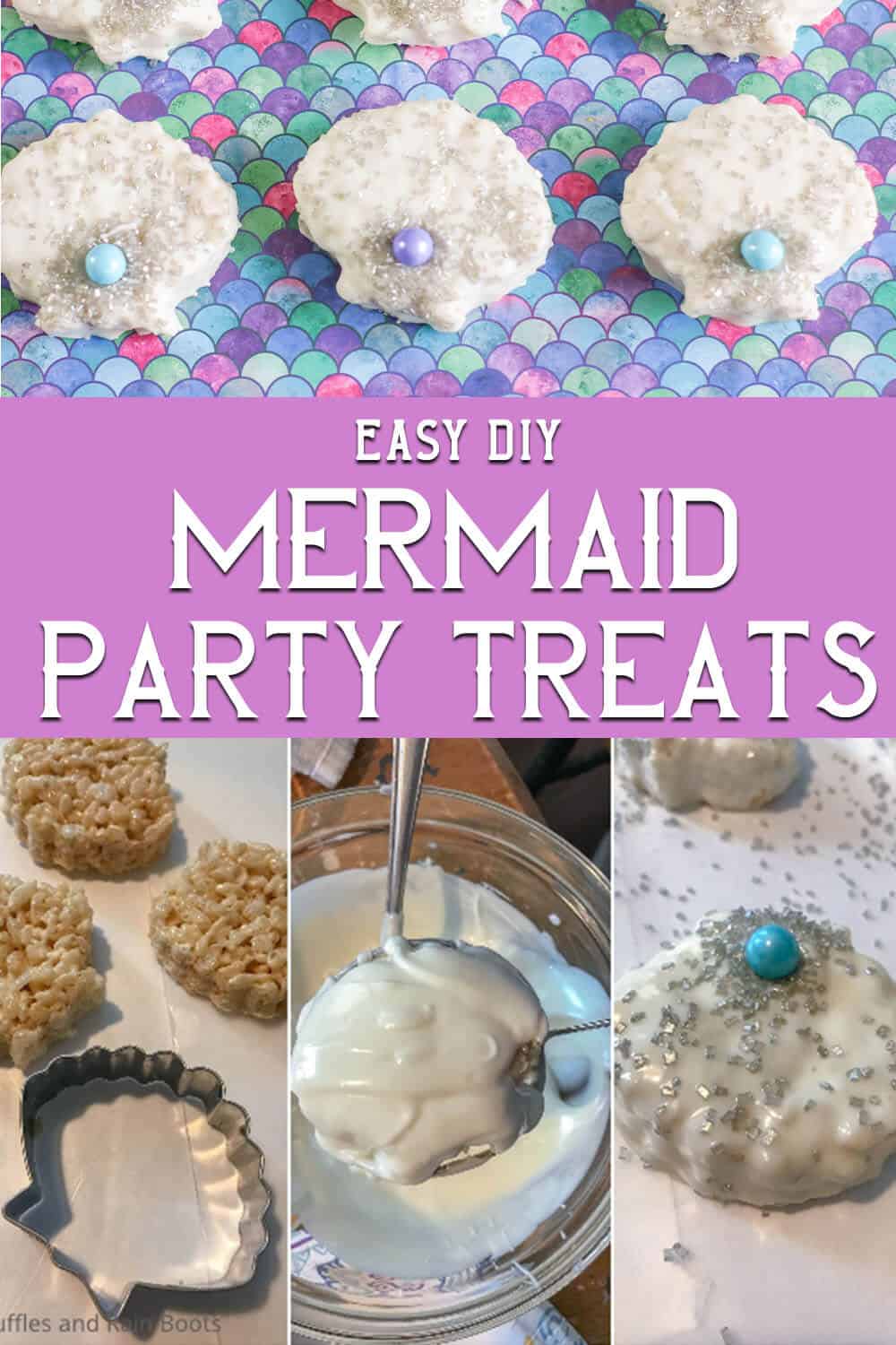 photo collage of easy mermaid rice krispies treats recipe with text which reads easy diy mermaid party treats