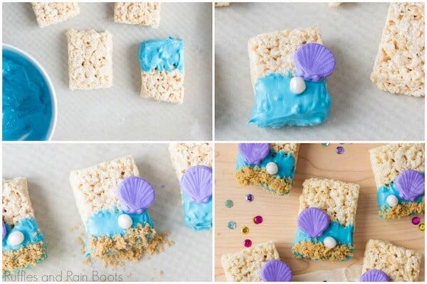 photo collage tutorial of step 2 how to make mermaid rice krispies for Ariel Little Mermaid Party