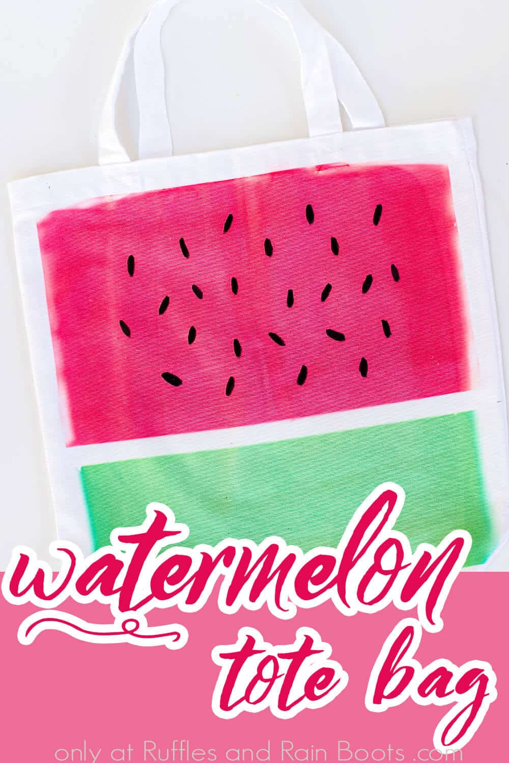 closeup of watermelon canvas bag made with cricut infusible ink with text which reads watermelon tote bag