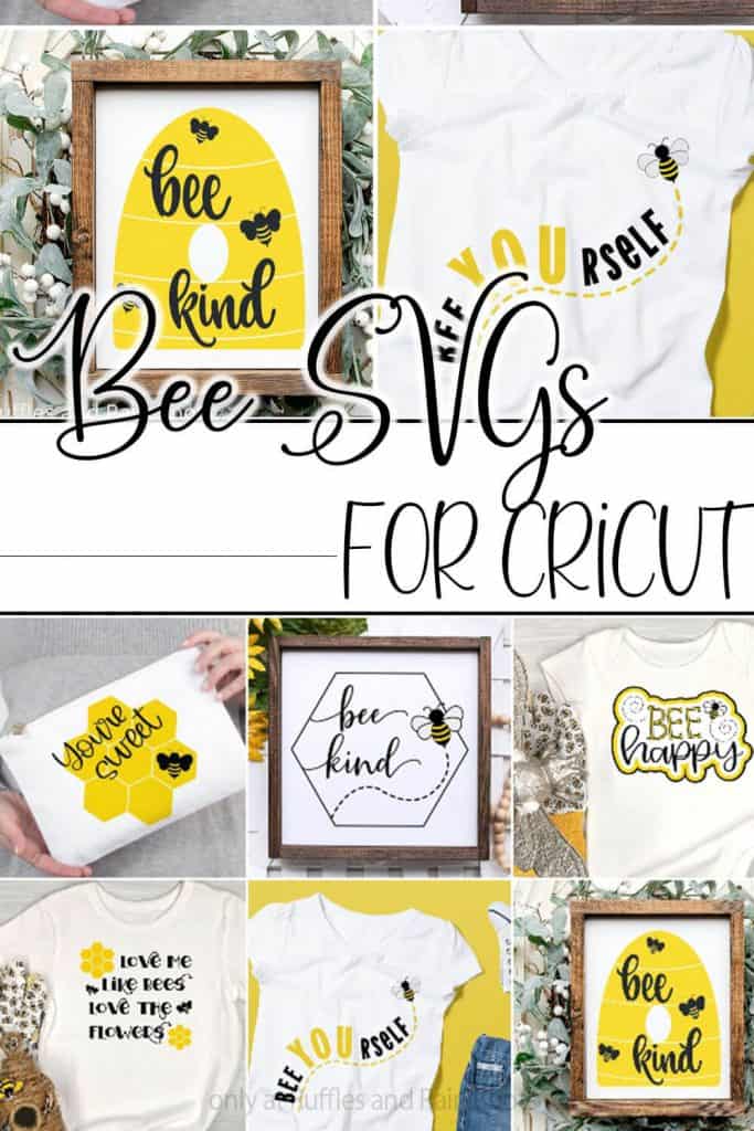 Photo collage of variety of bee cut files for cutting machines with text which reads bee svgs for cricut.