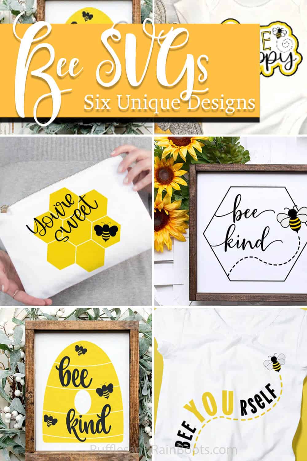 photo collage of bee SVG bundle for cricut or silhouette with text which reads bee svgs six unique designs