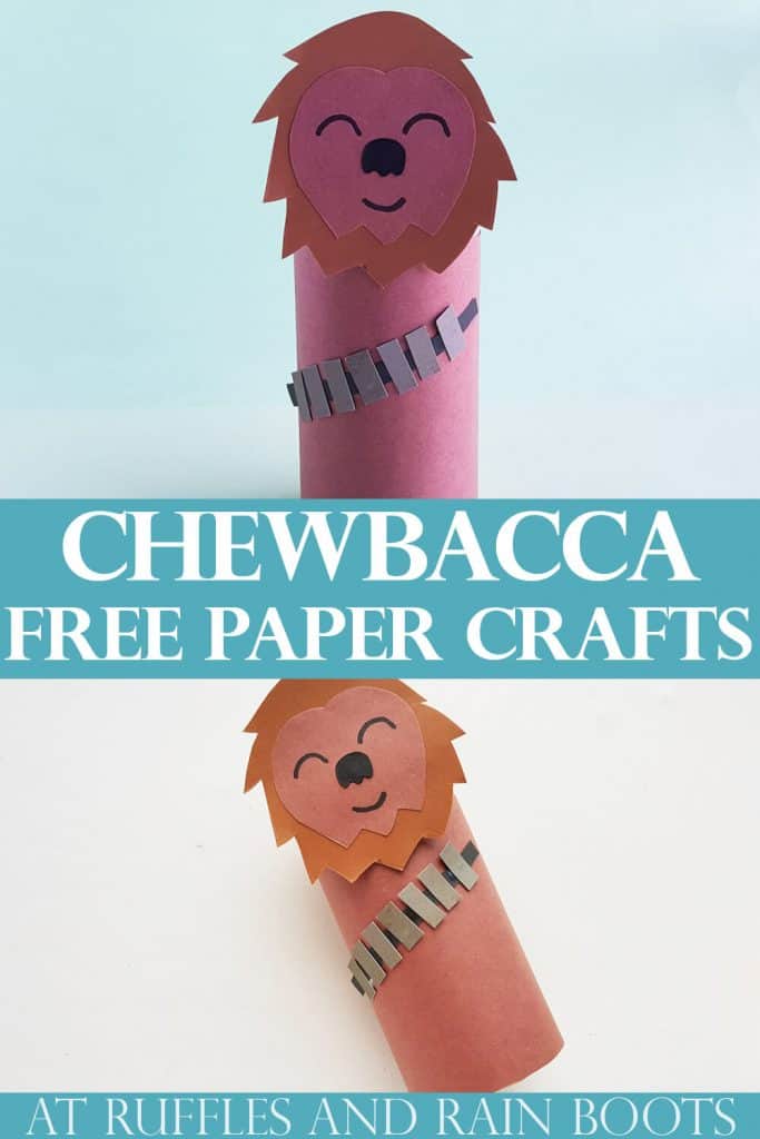 Pin Image of 2 chewbacca craft images and blue text box in middle that says chewbacca free paper crafts.