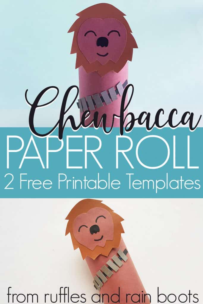 Pin Image of Chewbacca Paper Craft on two images with blue text box in the middle that says chewbacca paper roll 2 free printable templates.