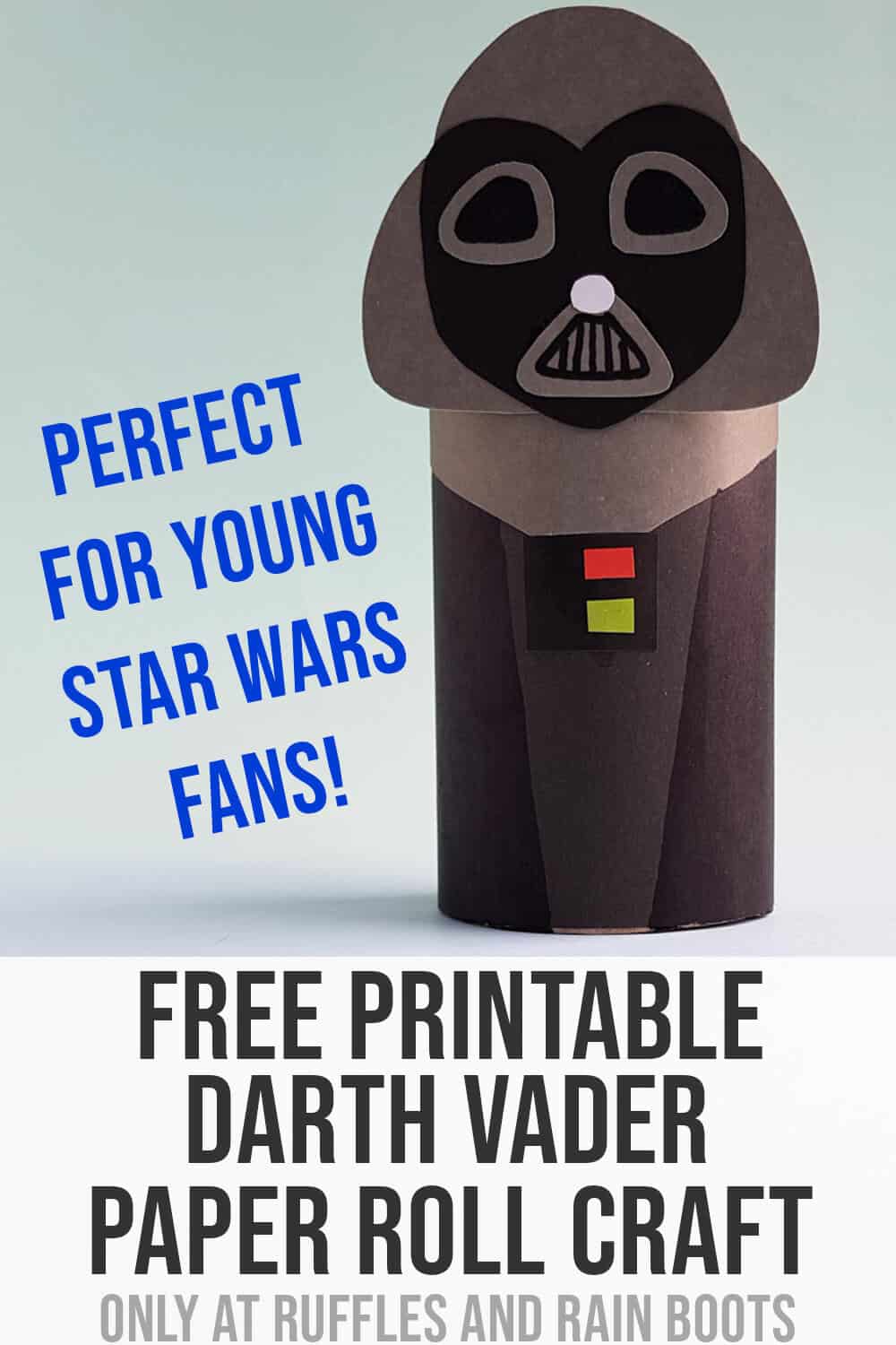 Vertical image of a close up of Darth Vader paper roll with text that says free printable Darth Vader paper roll craft.