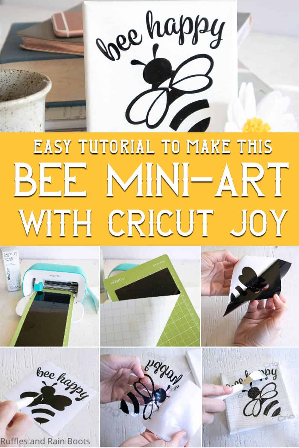 photo collage of easy cricut joy project with free bee svg with text which reads easy tutorial to make this bee mini-art with cricut joy