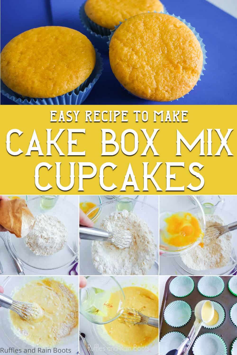 Photo collage of easy cupcakes made with a cake box mix with text which reads easy recipe to make cake box mix cupcakes.