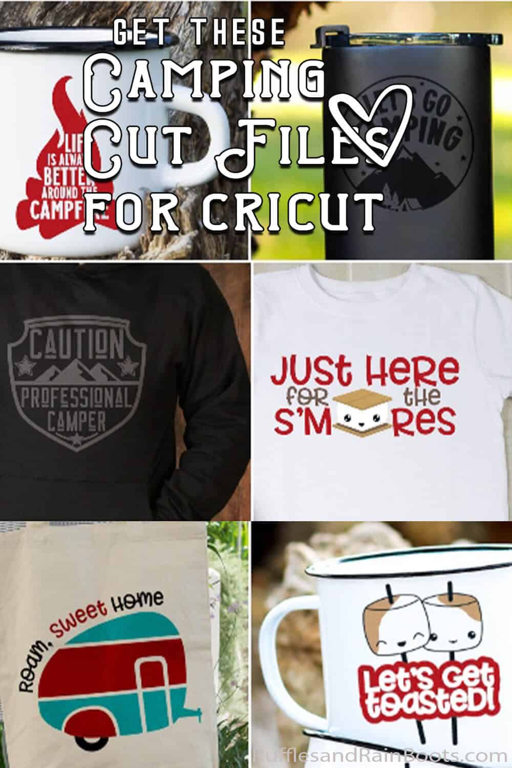 photo collage of fun camping svg files for cricut or silhouette with text which reads get these camping cut files for cricut