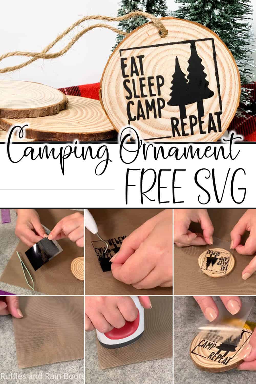 photo collage of easy wood round ornament for christmas made with the free camping cut file eat sleep camp repeat with text which reads camping ornament free svg
