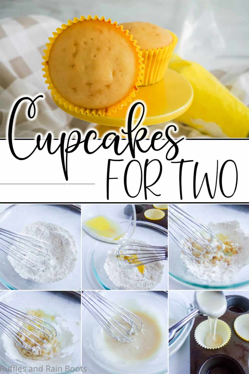 photo collage of easy micro-batch cupcake recipe with text which reads cupcakes for two