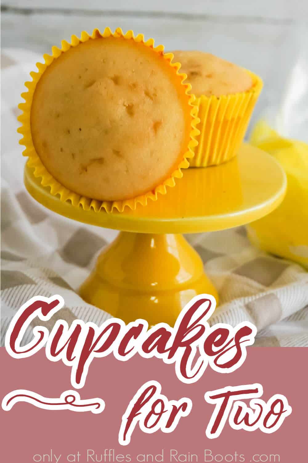 side view of cupcakes on a cupcake plate with text which reads cupcakes for two