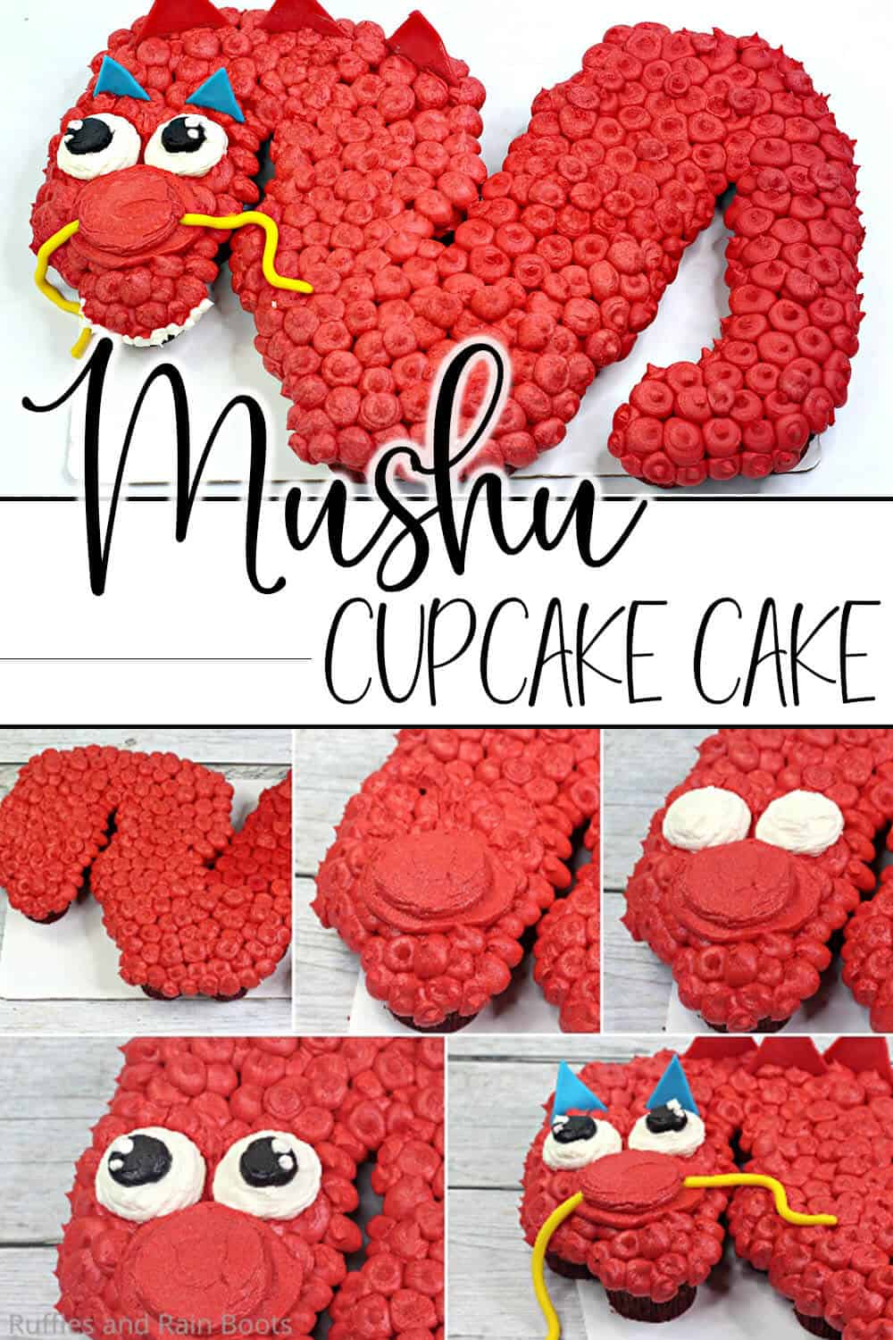 photo collage of easy cupcake cake decorating idea for dragon cupcake cake with text which reads mushu cupcake cake